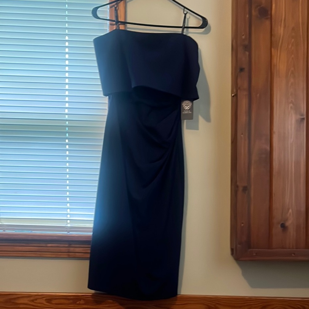 Vince Cammuto navy off the shoulder midi pencil dress